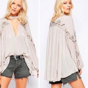 Free People Light Taupe Embroidered Bohemian Oversized Blouse